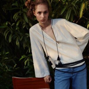 NWT TASSELED LINEN BLEND BLOUSE